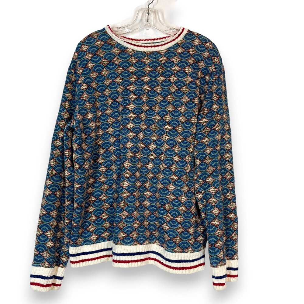 Zara Sweater Blue Red Geometric Print Striped Cuffs Cotton XL